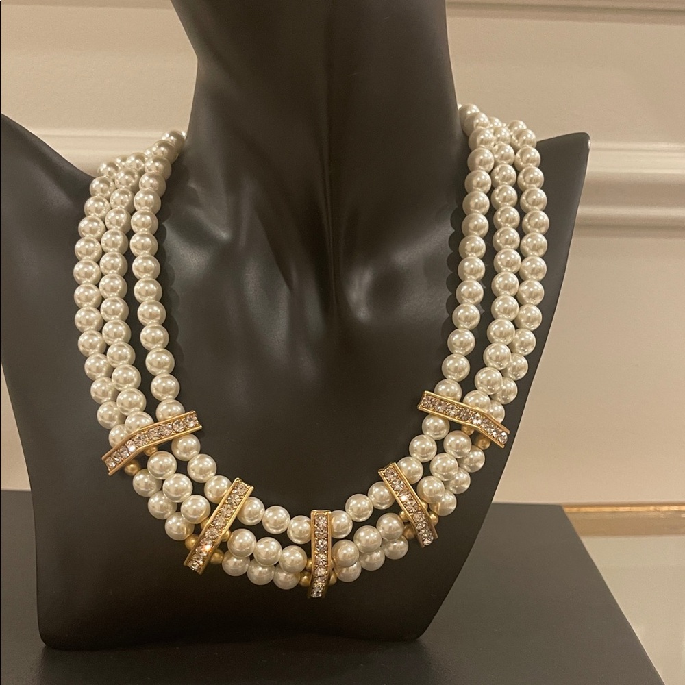 Vintage Baroque Pearl Strands And Rhinestone Gold Choker